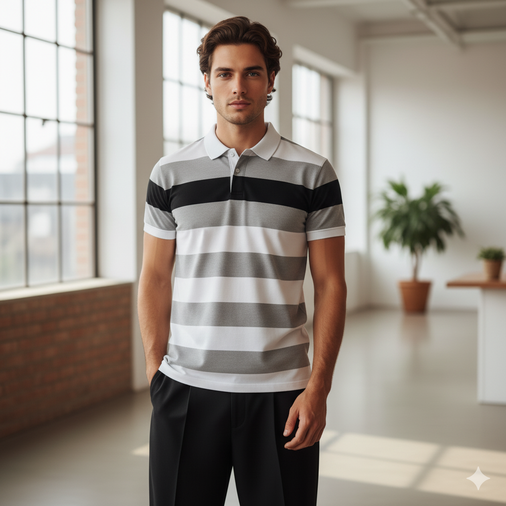Men Striped Cotton Polo T-shirt