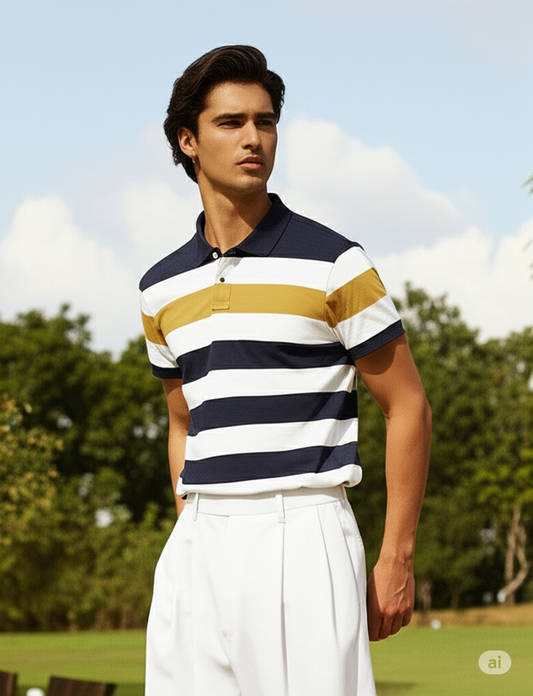 Men Striped Cotton Polo T-shirt